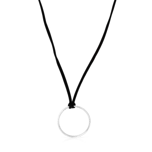 Silver Straight disc Necklace with black Cord image number 0