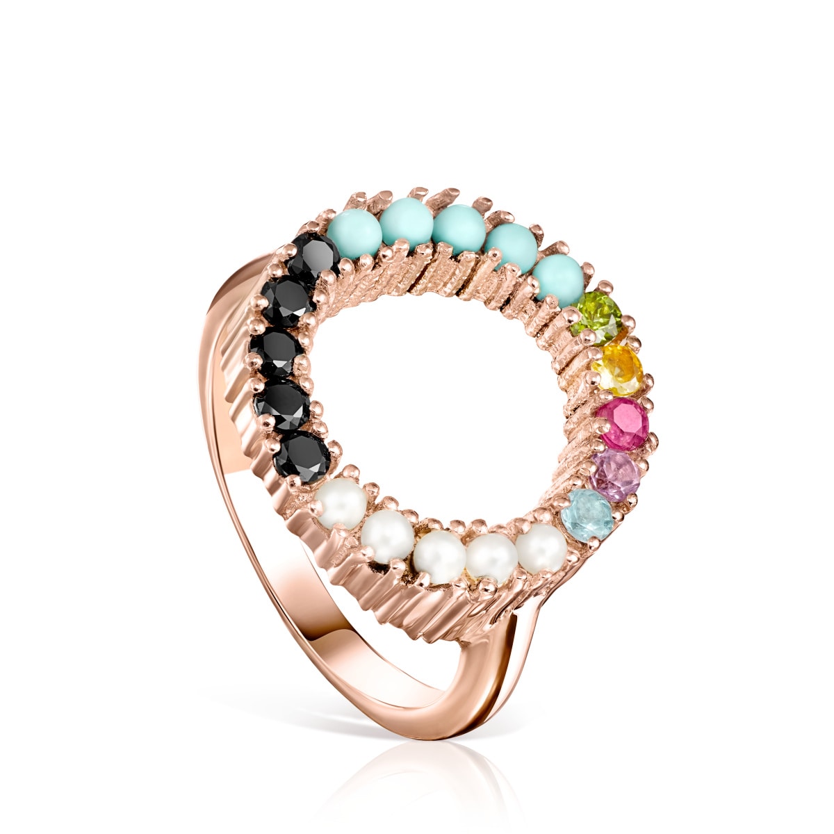 Anillo disco de plata vermeil rosa con gemas multicolor Straight