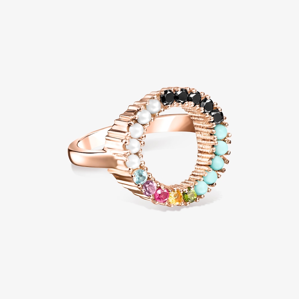 Anillo disco con ba&ntilde;o de oro rosa 18 kt sobre plata con gemas multicolor Straight