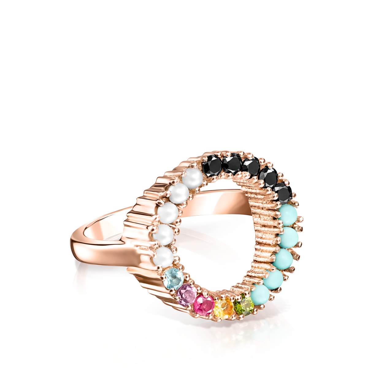Anillo disco de plata vermeil rosa con gemas multicolor Straight