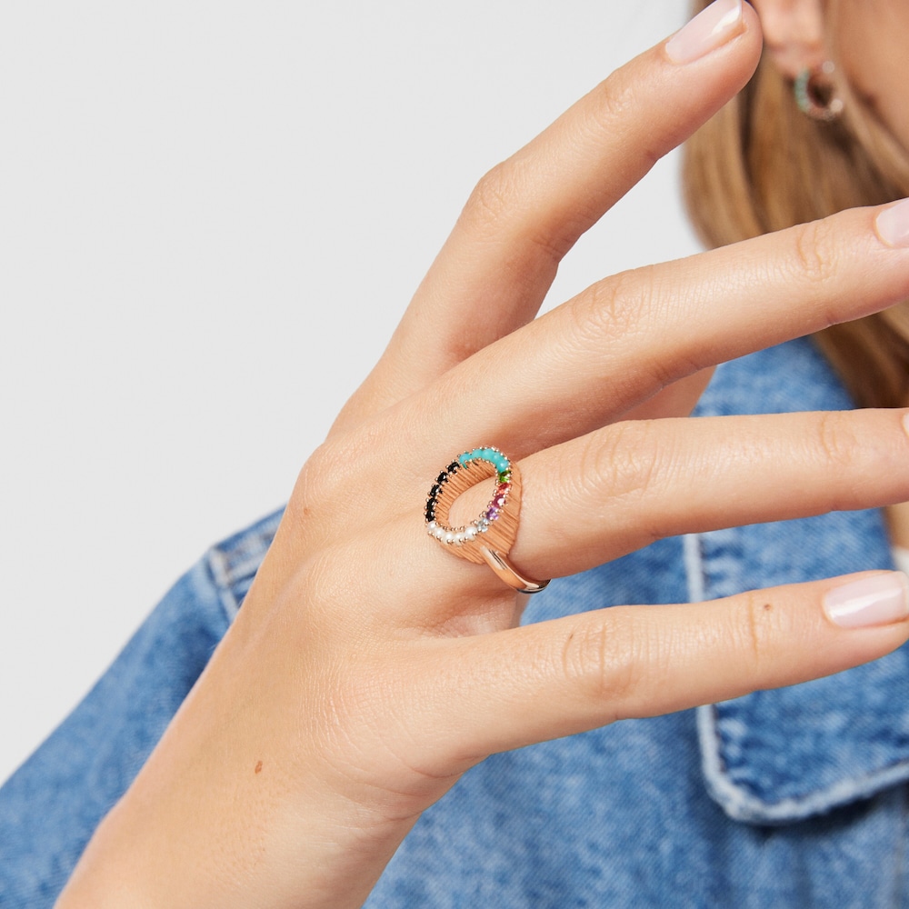 Anillo disco con ba&ntilde;o de oro rosa 18 kt sobre plata con gemas multicolor Straight