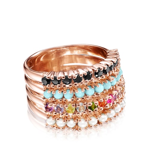 Straight Ring in Rose Silver Vermeil with multicolor Gemstones