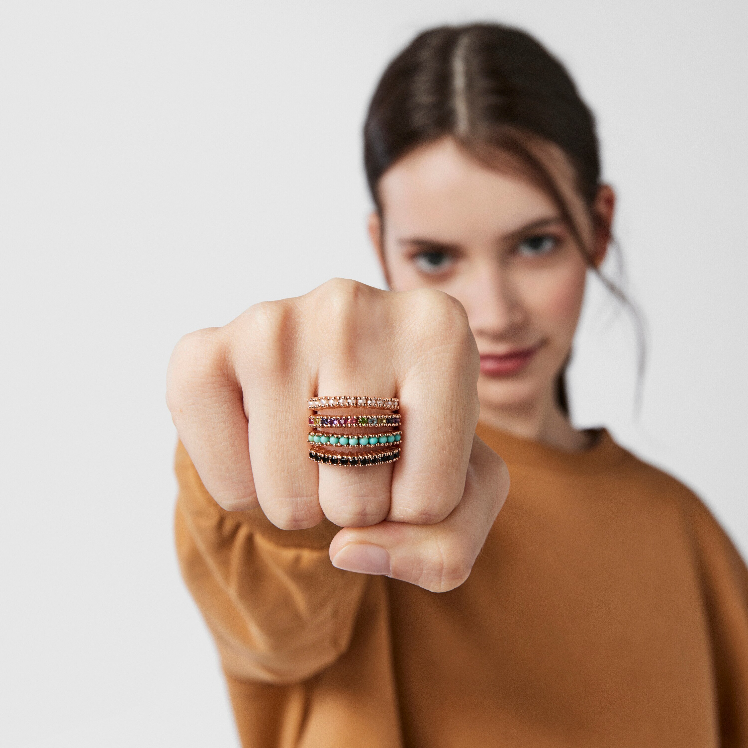 Straight Ring Rose 18K gold vermeil with multicolor Gemstones