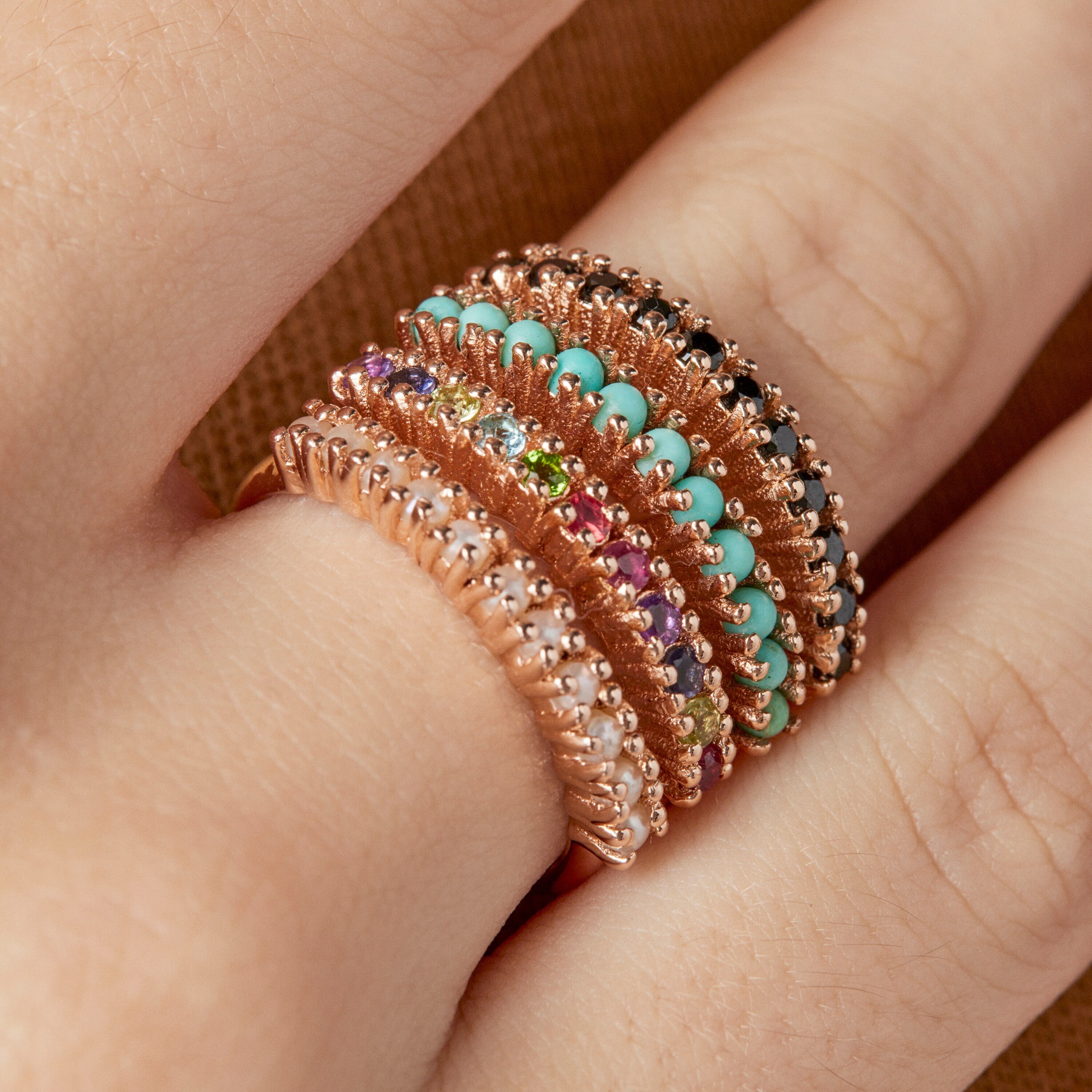 Straight Ring Rose 18K gold vermeil with multicolor Gemstones