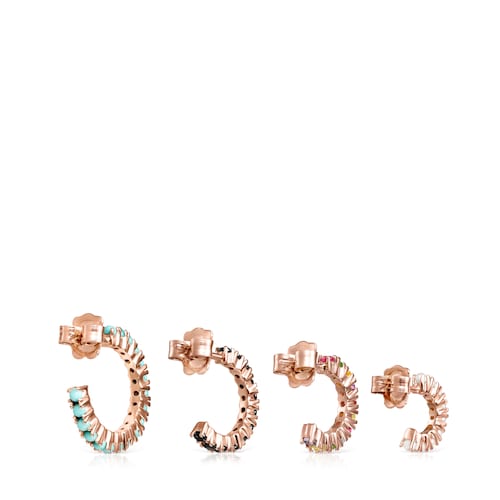 Pack of Straight Earrings in Rose Silver Vermeil with Gemstones