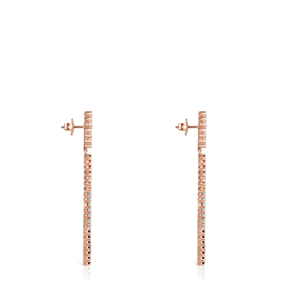 Pendientes largos barra con baño de oro rosa 18 kt sobre plata y gemas Straight image number 1