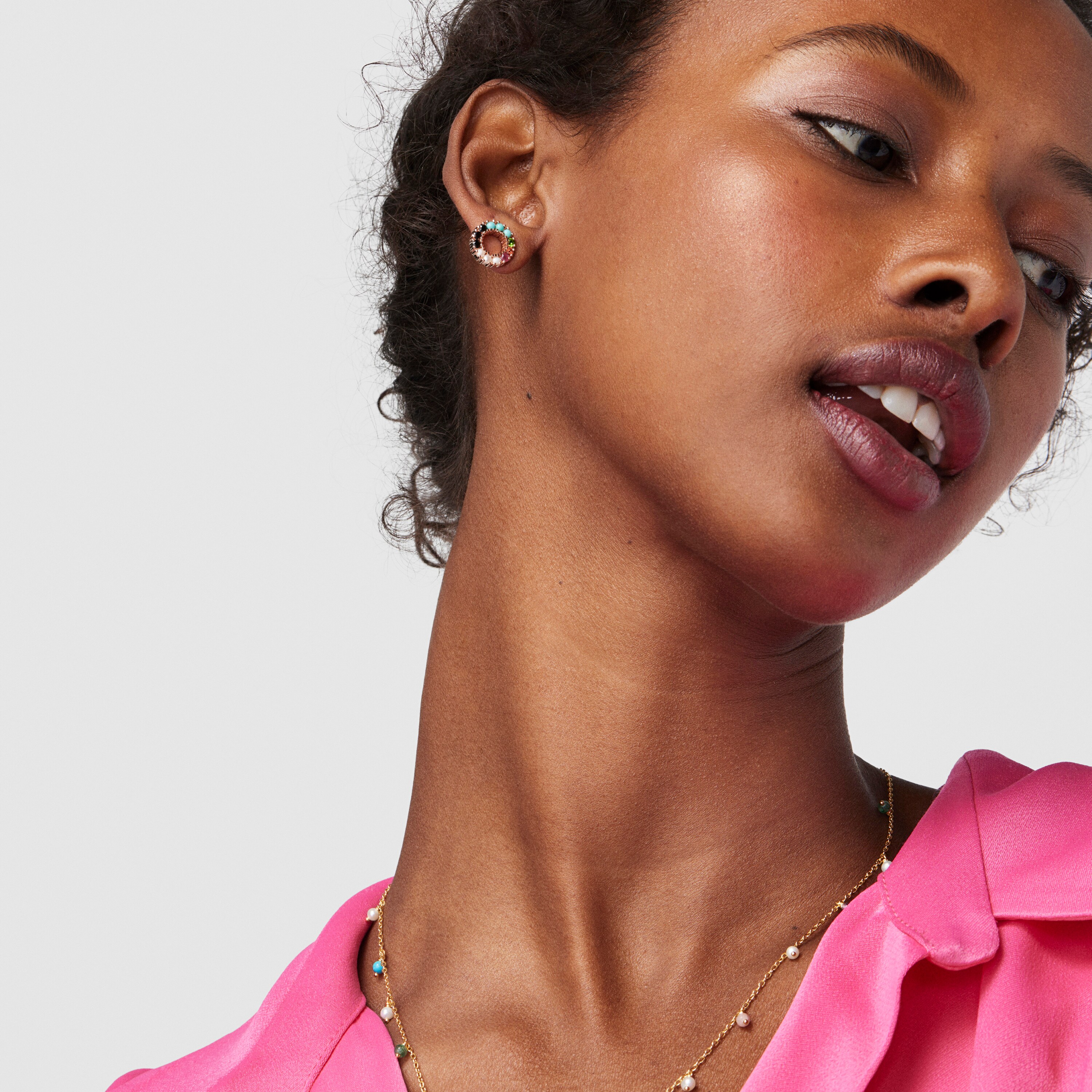 Straight small disc Earrings in Rose Silver Vermeil with Gemstones