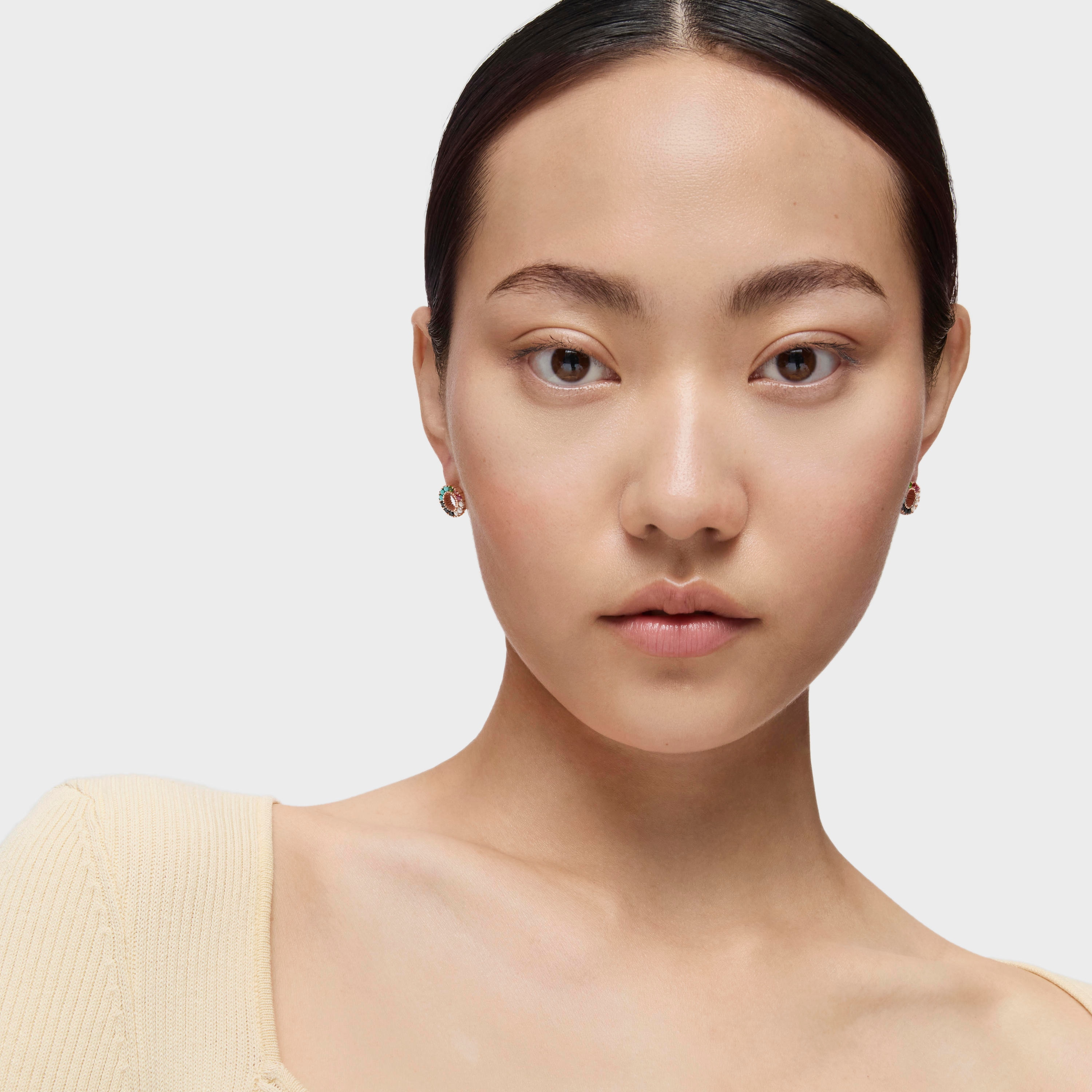 Straight small disc Earrings in Rose 18K gold vermeil with Gemstones