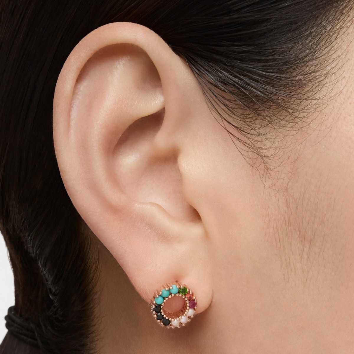 Pendientes pequeños disco con baño de oro rosa 18 kt sobre plata y gemas Straight