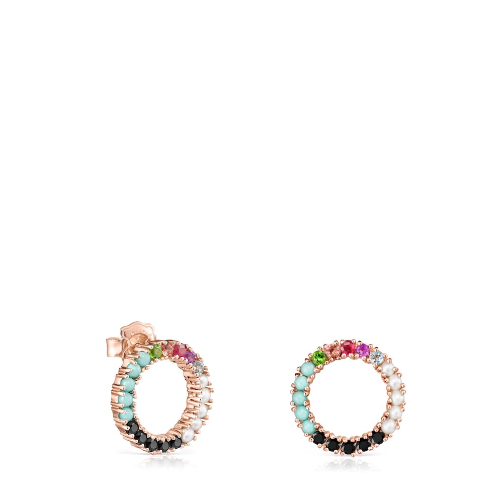 Straight large disc Earrings in Rose Silver Vermeil with Gemstones