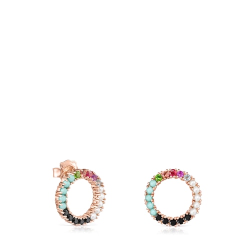 Pendientes grandes disco con baño de oro rosa 18 kt sobre plata y gemas Straight