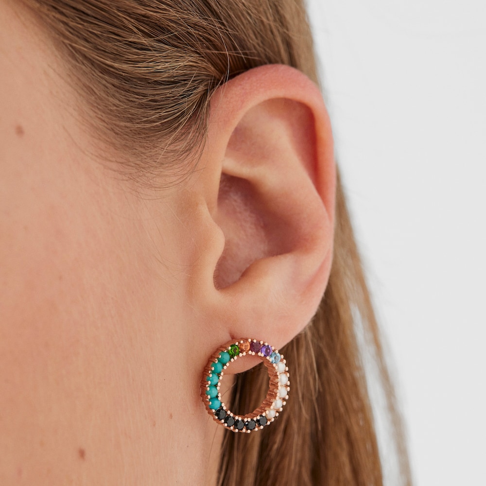 Pendientes grandes disco con baño de oro rosa 18 kt sobre plata y gemas Straight Pendientes grandes disco con baño de oro rosa 18 kt sobre plata y gemas Straight