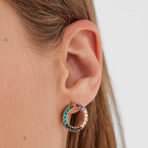 Pendientes grandes disco con baño de oro rosa 18 kt sobre plata y gemas Straight
