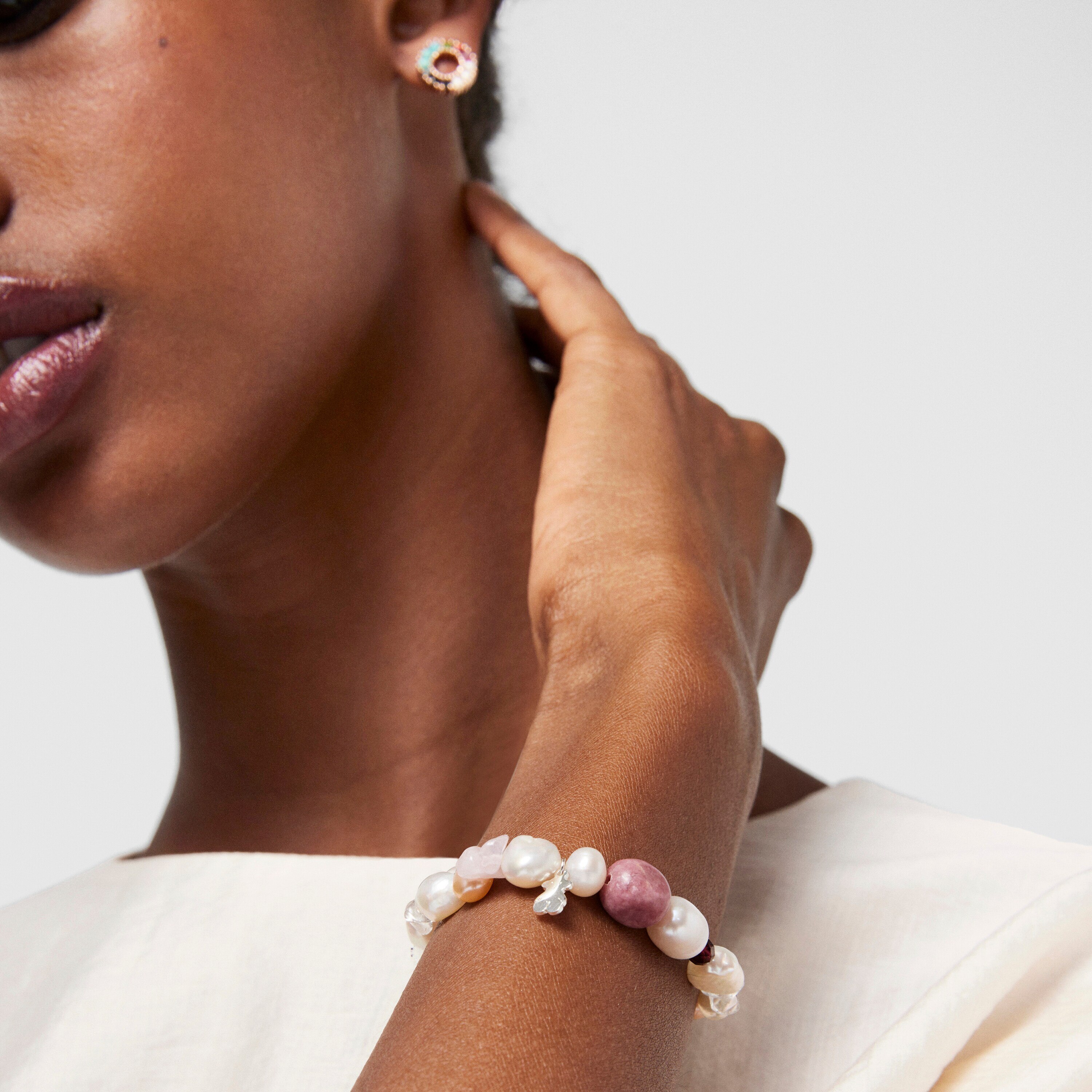 Silver TOUS Pearls Bracelet with Pearls, Garnets and Rhodonites