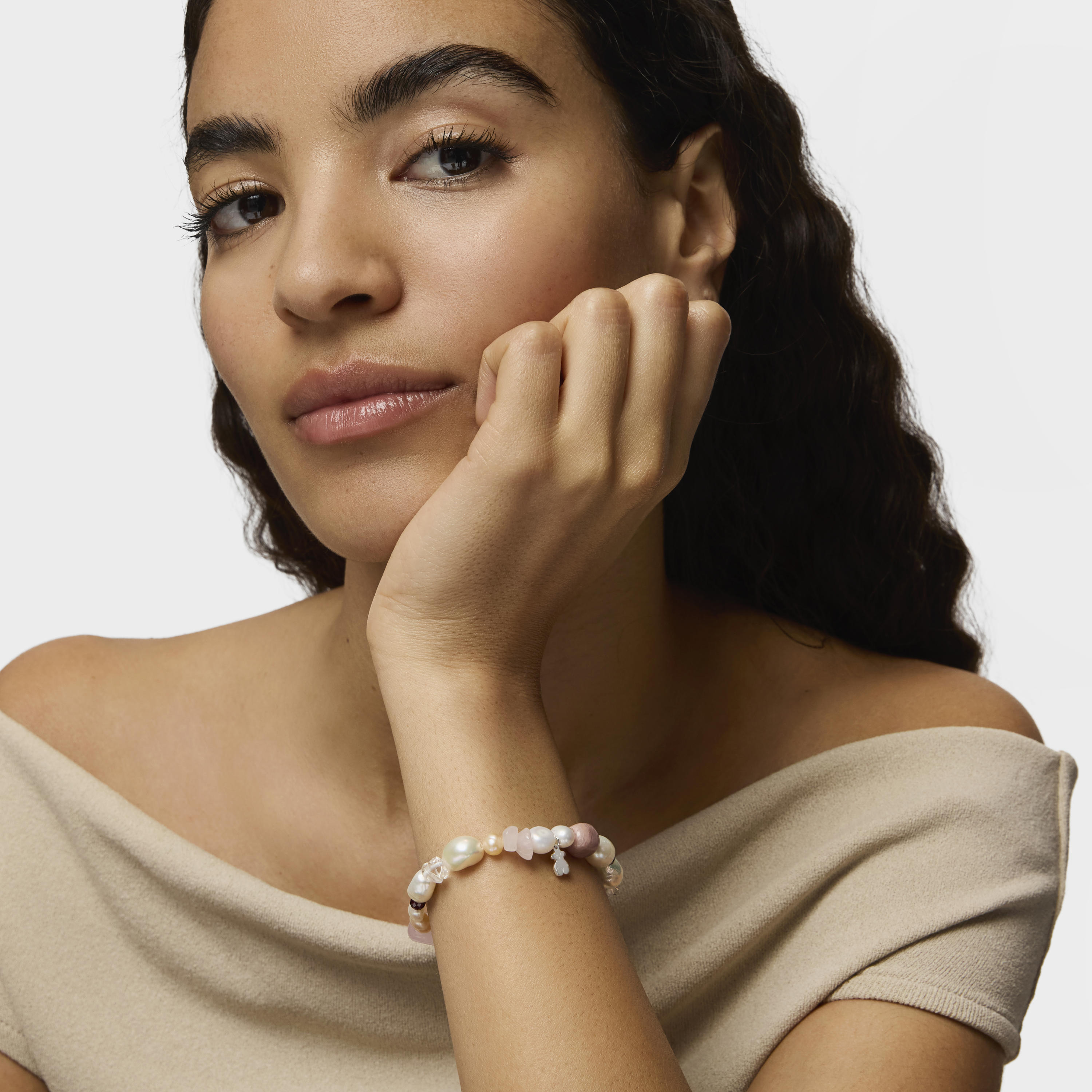Silver TOUS Pearls Bracelet with Pearls, Garnets and Rhodonites