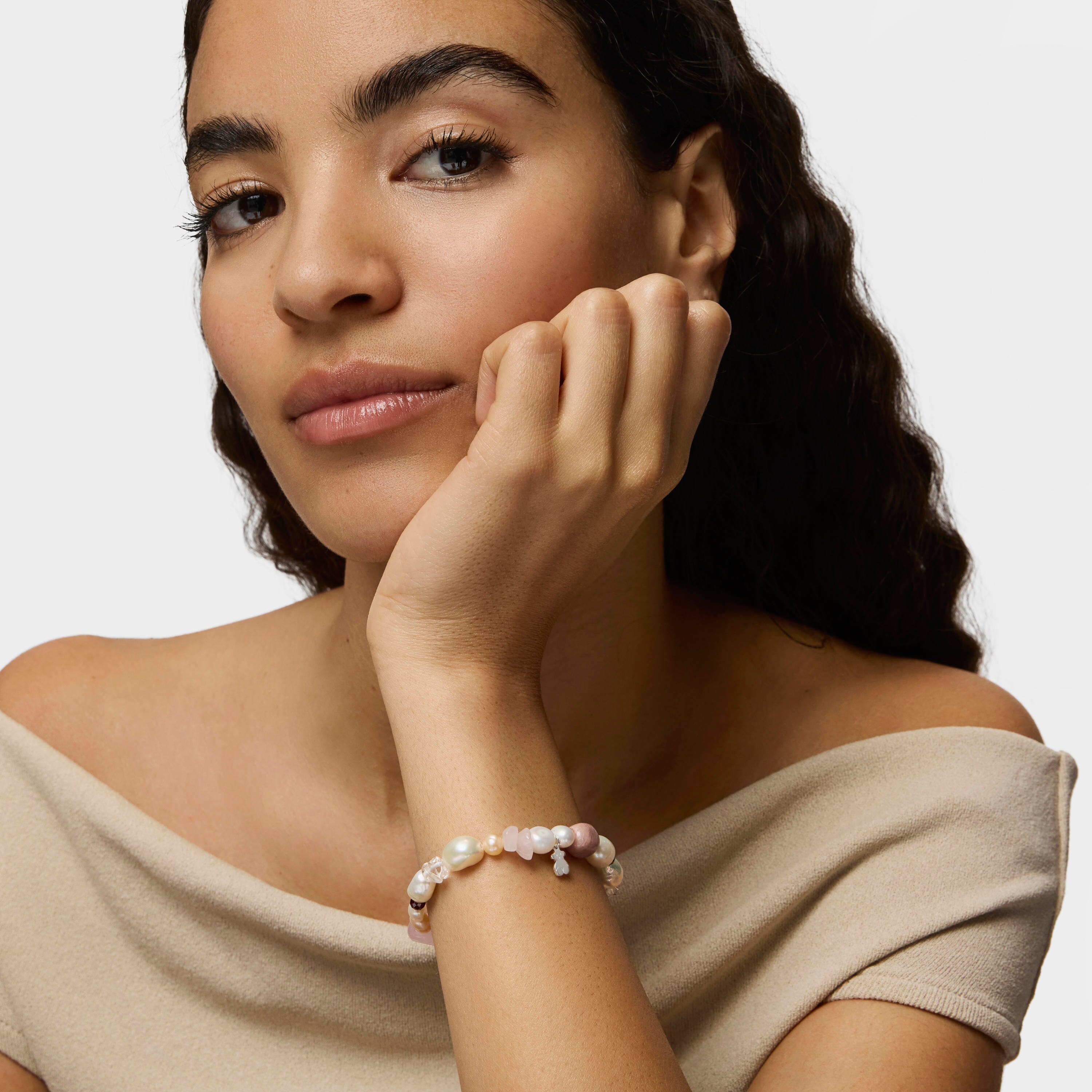 Silver TOUS Pearls Bracelet with Pearls, Garnets and Rhodonites