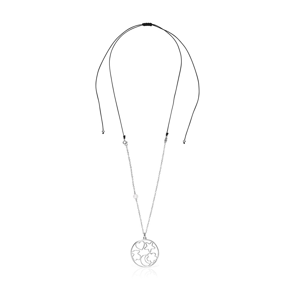 Collar de plata con perla y cord&oacute;n negro Silueta