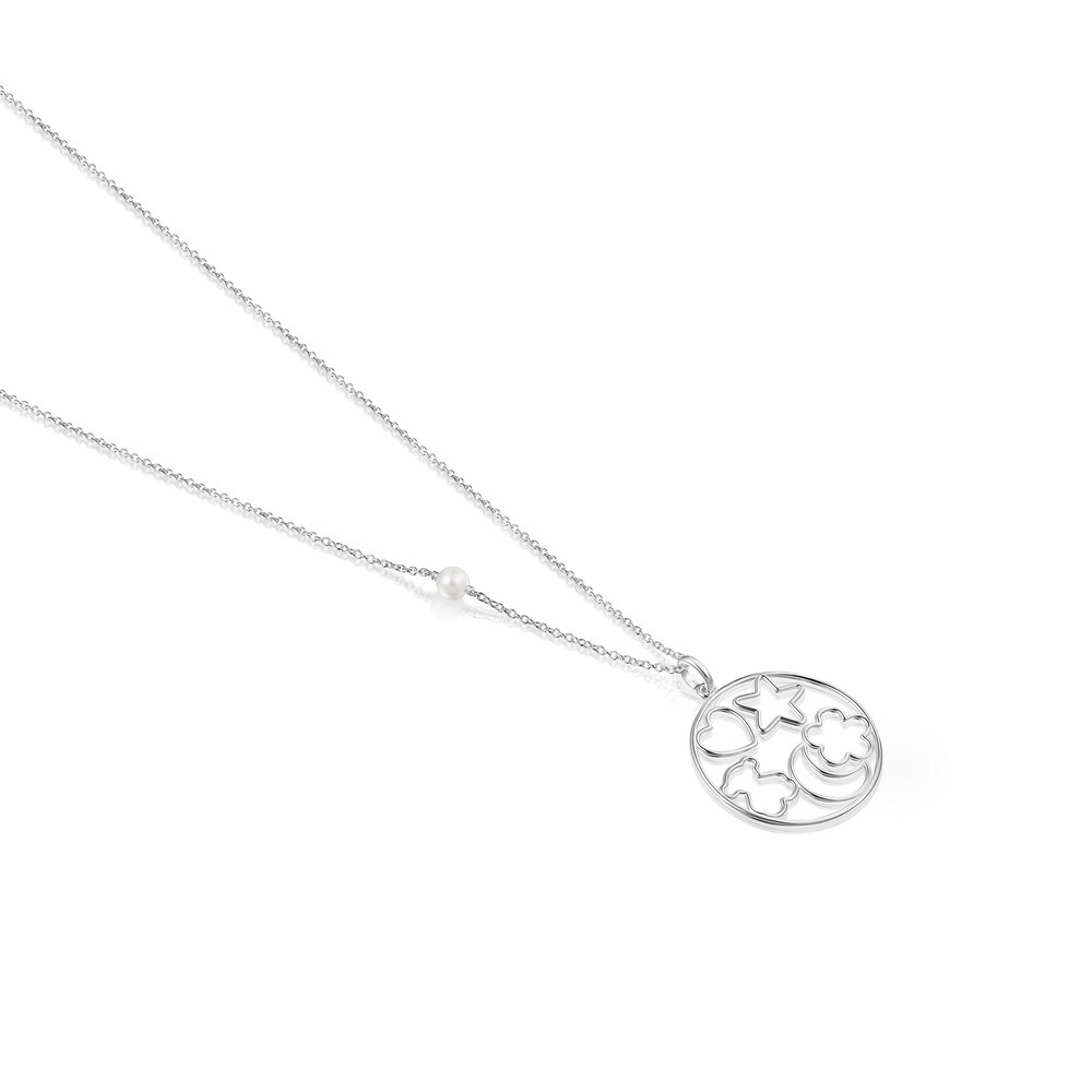 Collar de plata con perla y cord&oacute;n negro Silueta