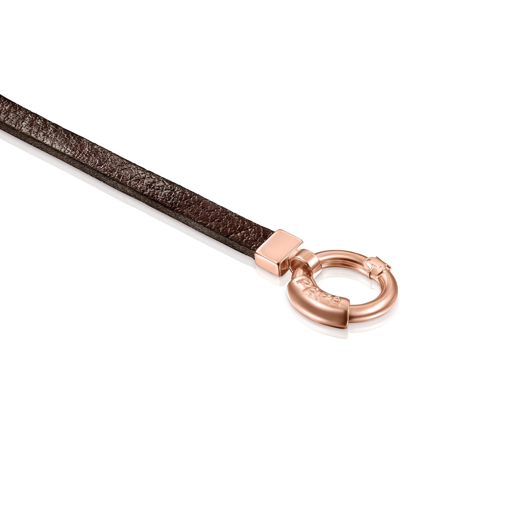 Pulsera TOUS Papa con ba&ntilde;o de oro rosa 18 kt sobre plata y Cuero marr&oacute;n