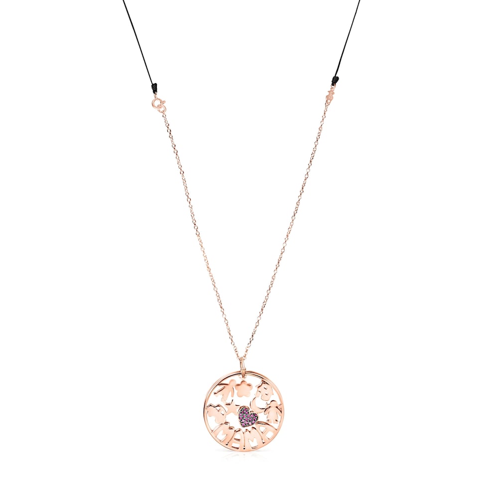 TOUS Mama Necklace in Rose 18K gold vermeil with Ruby and black Cord