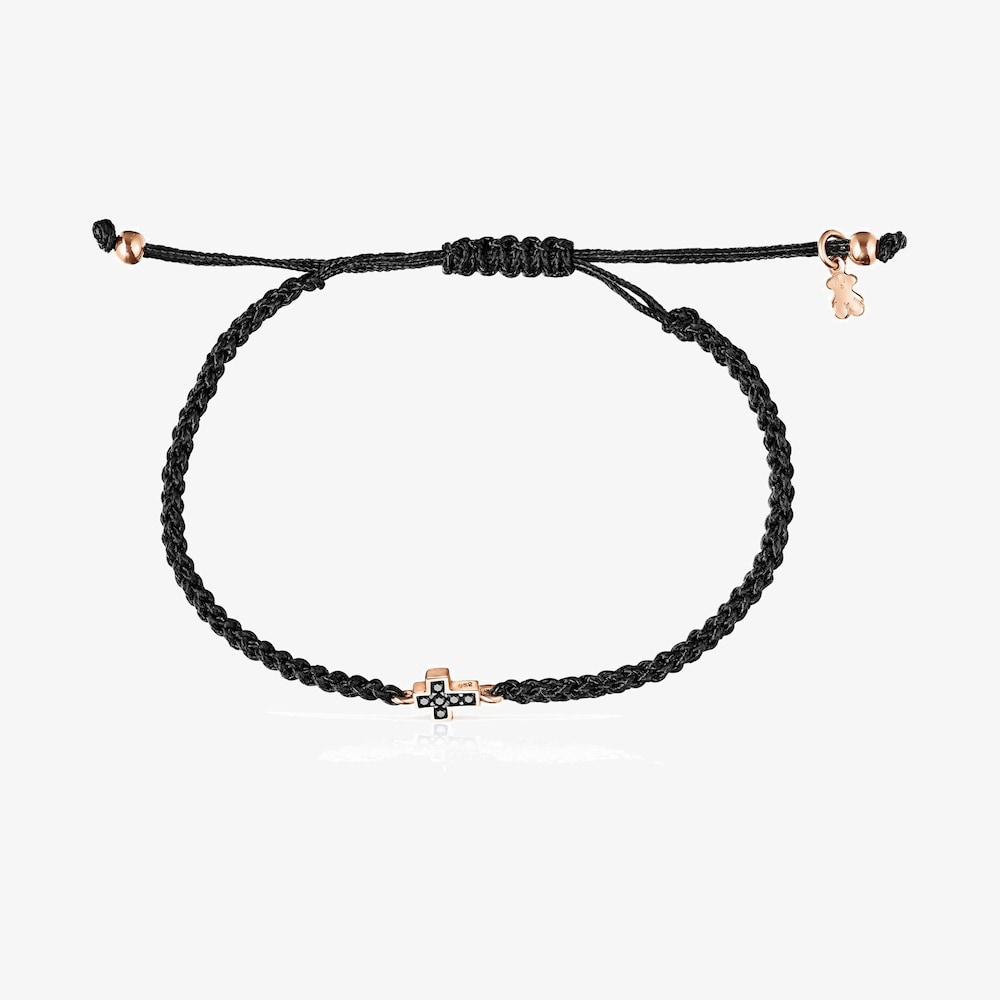 Armband Motif Kreuz aus Vermeil-Ros&eacute;gold mit Spinellen und schwarzer Kordel