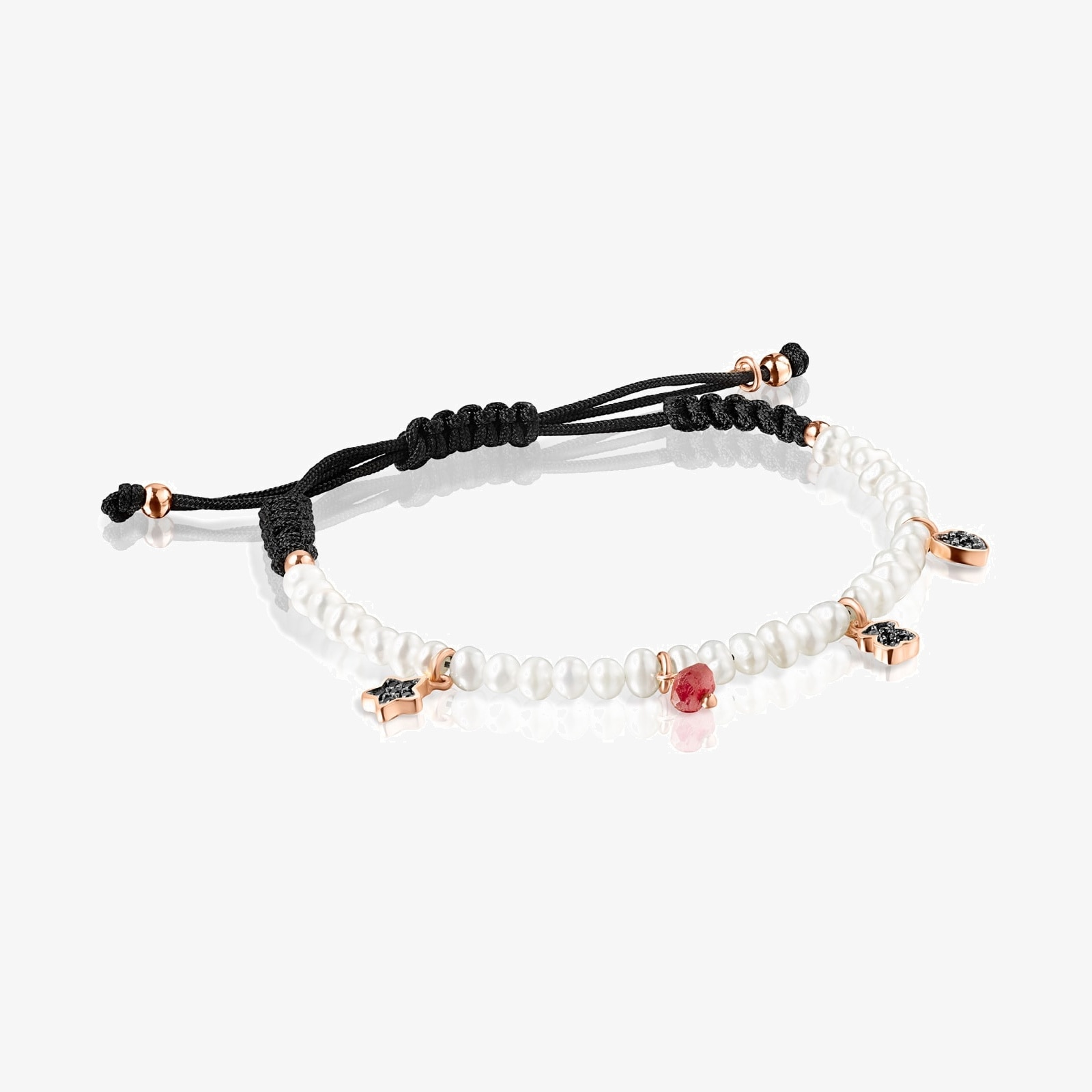 Motif Bracelet with Pearls and black Cord in Rose 18K gold vermeil and Gemstones