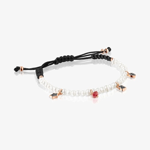 Motif Bracelet with Pearls and black Cord in Rose 18K gold vermeil and Gemstones