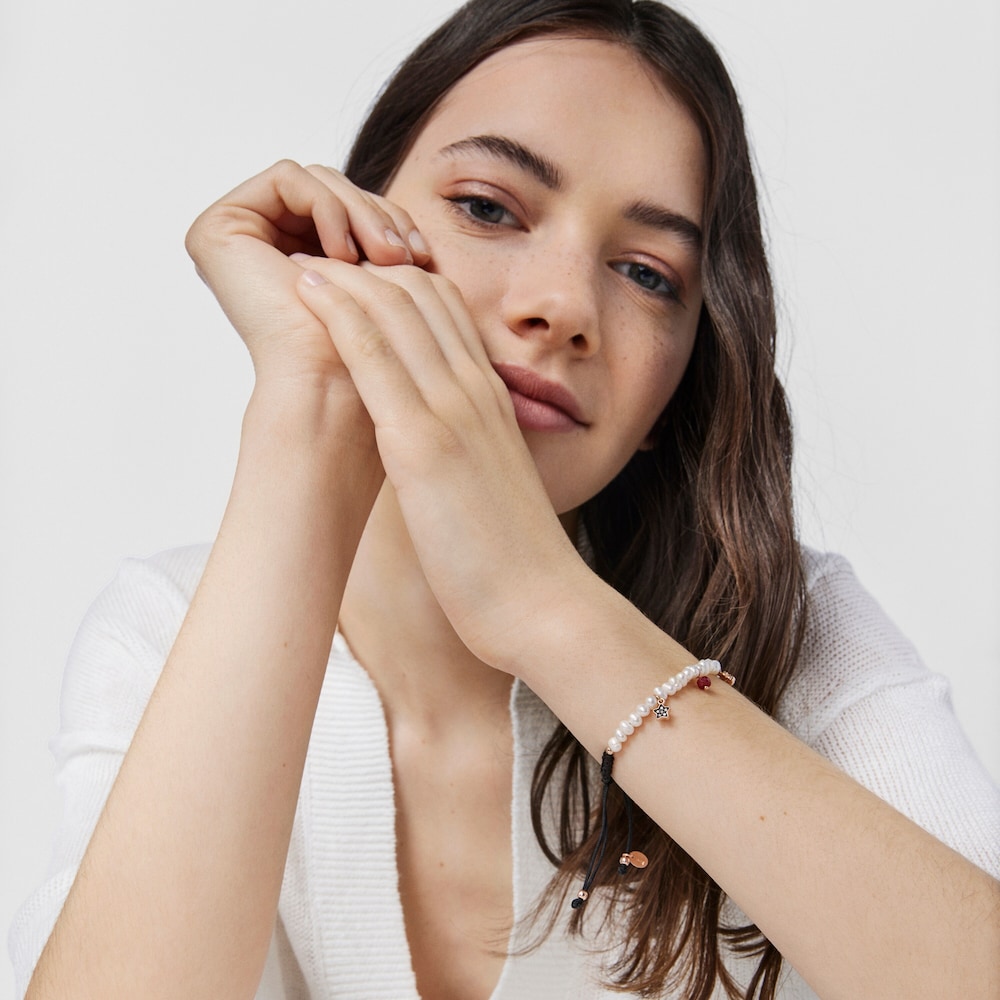 Motif Bracelet with Pearls and black Cord in Rose 18K gold vermeil and Gemstones