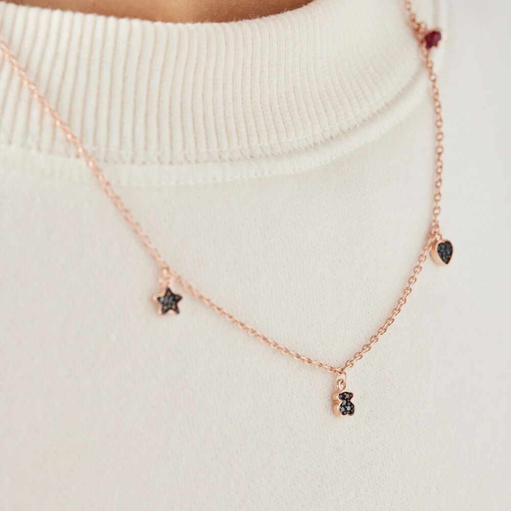 Motif Necklace in Rose 18K gold vermeil with Spinels, Ruby and Pearl