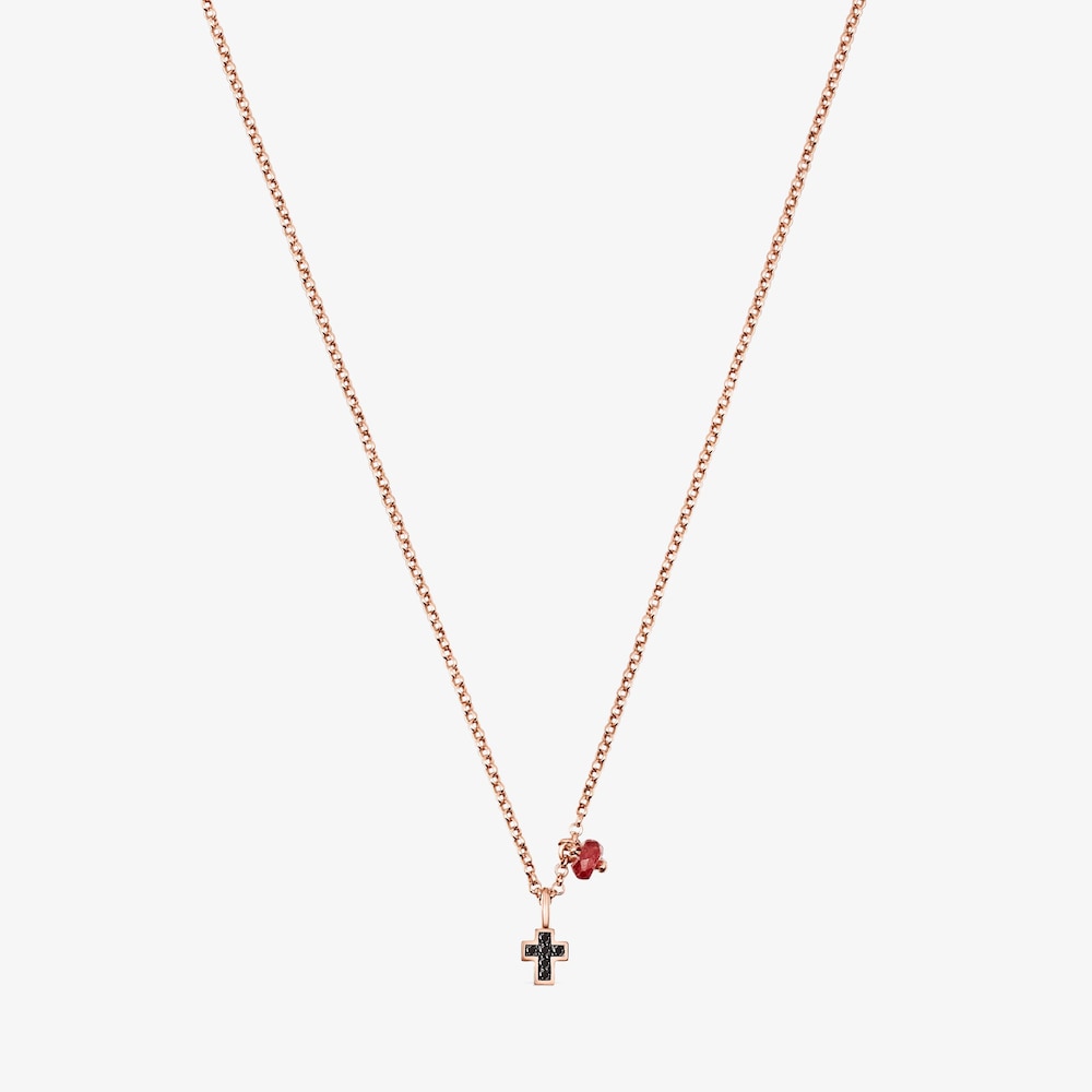 Collar Motif cruz con ba&ntilde;o de oro rosa 18 kt sobre plata con Espinelas y Rub&iacute;