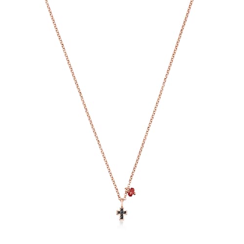 Motif cross Necklace in Rose Silver Vermeil with Spinels and Ruby image number 0