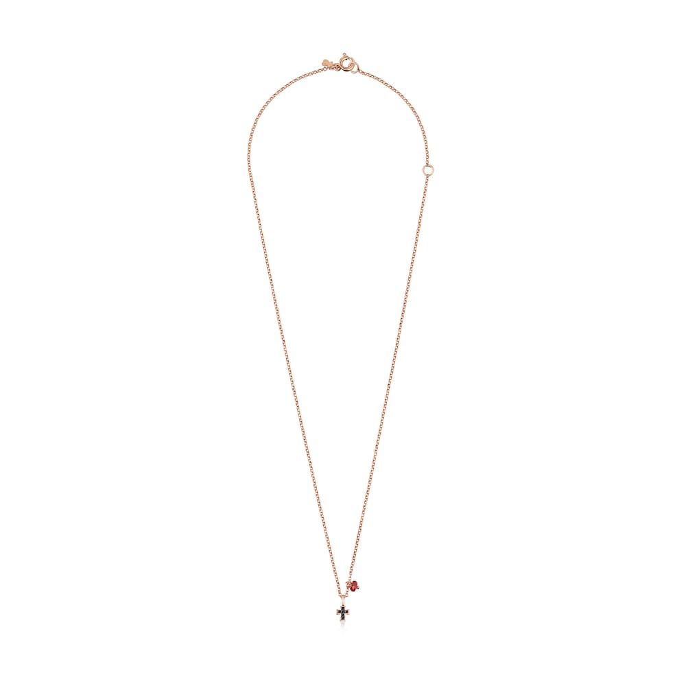 Collar cruz con baño de oro rosa 18 kt sobre plata y espinelas y rubí Motif