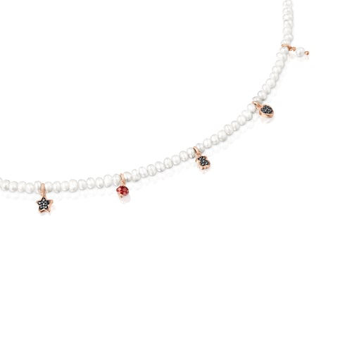 Collier Motif en Perles et Cordon noir avec Or Vermeil rose et Pierres pr&eacute;cieuses