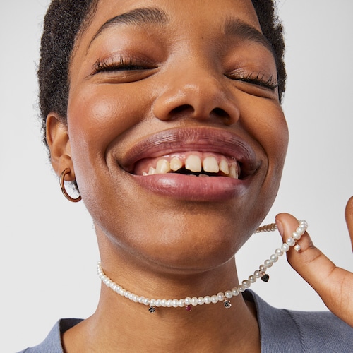 Collier Motif en Perles et Cordon noir avec Or Vermeil rose et Pierres pr&eacute;cieuses