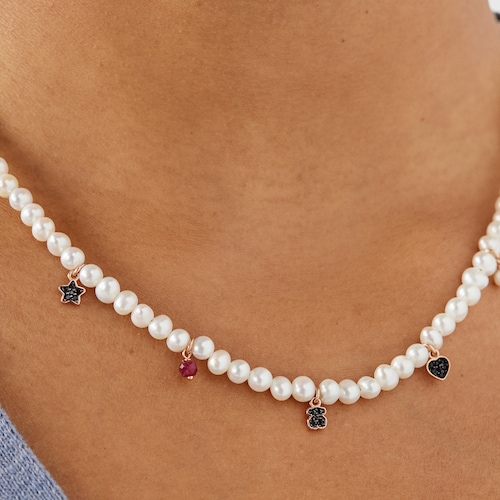 Collier Motif en Perles et Cordon noir avec Or Vermeil rose et Pierres pr&eacute;cieuses