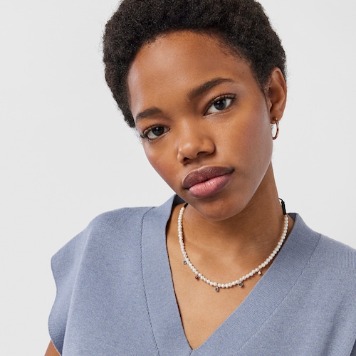 Collier Motif en Perles et Cordon noir avec Or Vermeil rose et Pierres pr&eacute;cieuses