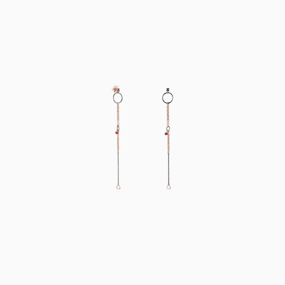 Long Dark Silver and Rose 18K gold vermeil TOUS Motif Earrings with Spinels and Rubies 13cm.