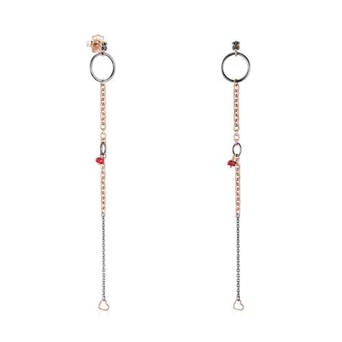Pendientes largos de plata dark silver con baño de oro rosa 18 kt sobre plata y espinelas y rubíes 13 cm Motif