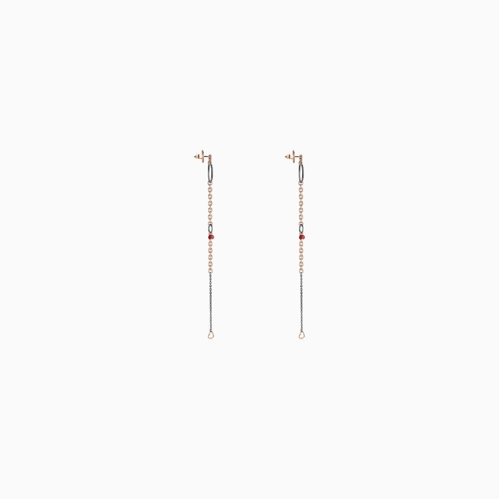 Long Dark Silver and Rose 18K gold vermeil TOUS Motif Earrings with Spinels and Rubies 13cm.