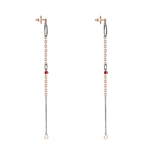 Pendientes largos de plata dark silver con baño de oro rosa 18 kt sobre plata y espinelas y rubíes 13 cm Motif