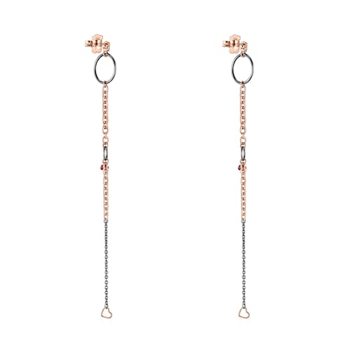 Pendientes largos de plata dark silver con baño de oro rosa 18 kt sobre plata y espinelas y rubíes 13 cm Motif