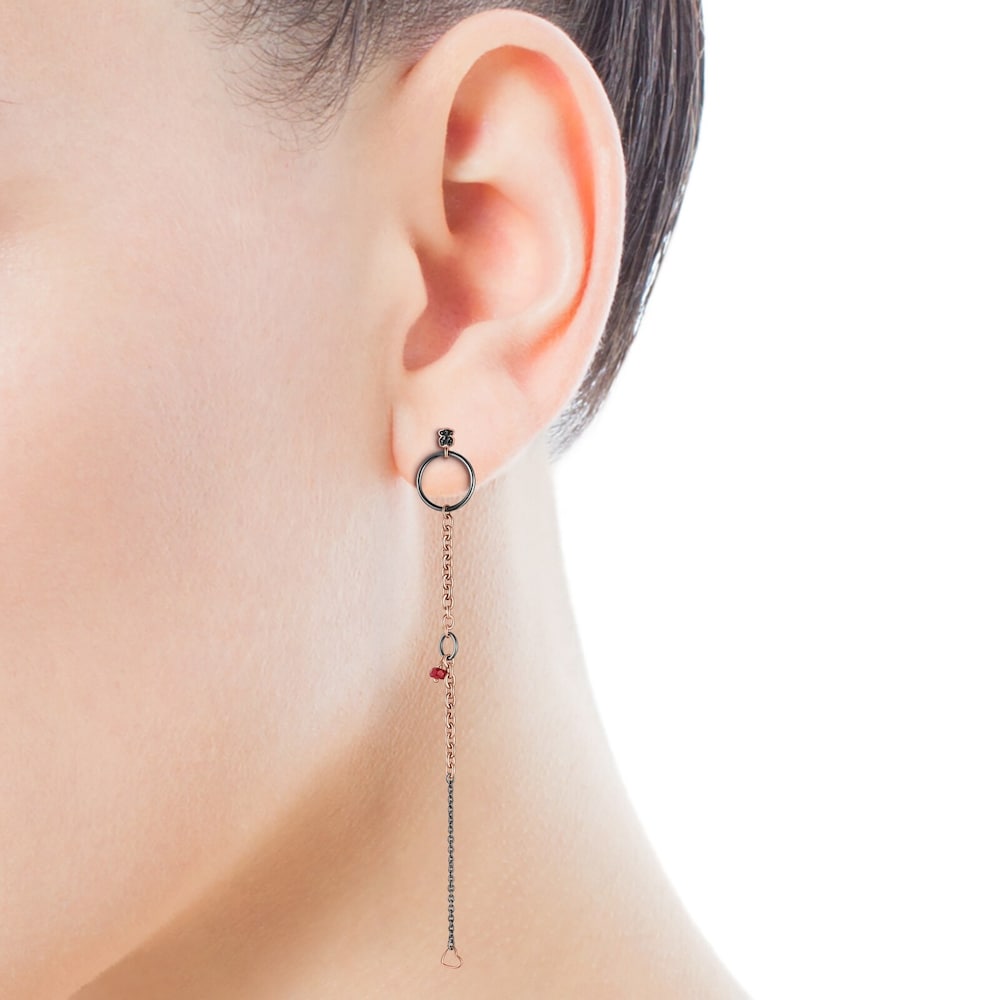 Long Dark Silver and Rose 18K gold vermeil TOUS Motif Earrings with Spinels and Rubies 13cm.