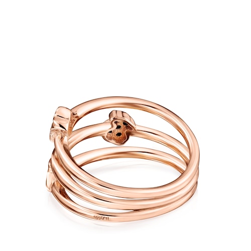 Anillo de plata vermeil rosa con espinelas motivos oso, corazón y flor Motif
