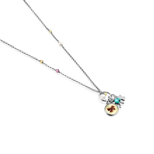 Collar de plata pavonada con nácar y gemas La XIII