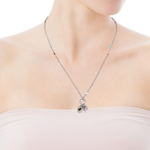 Collar de plata pavonada con nácar y gemas La XIII
