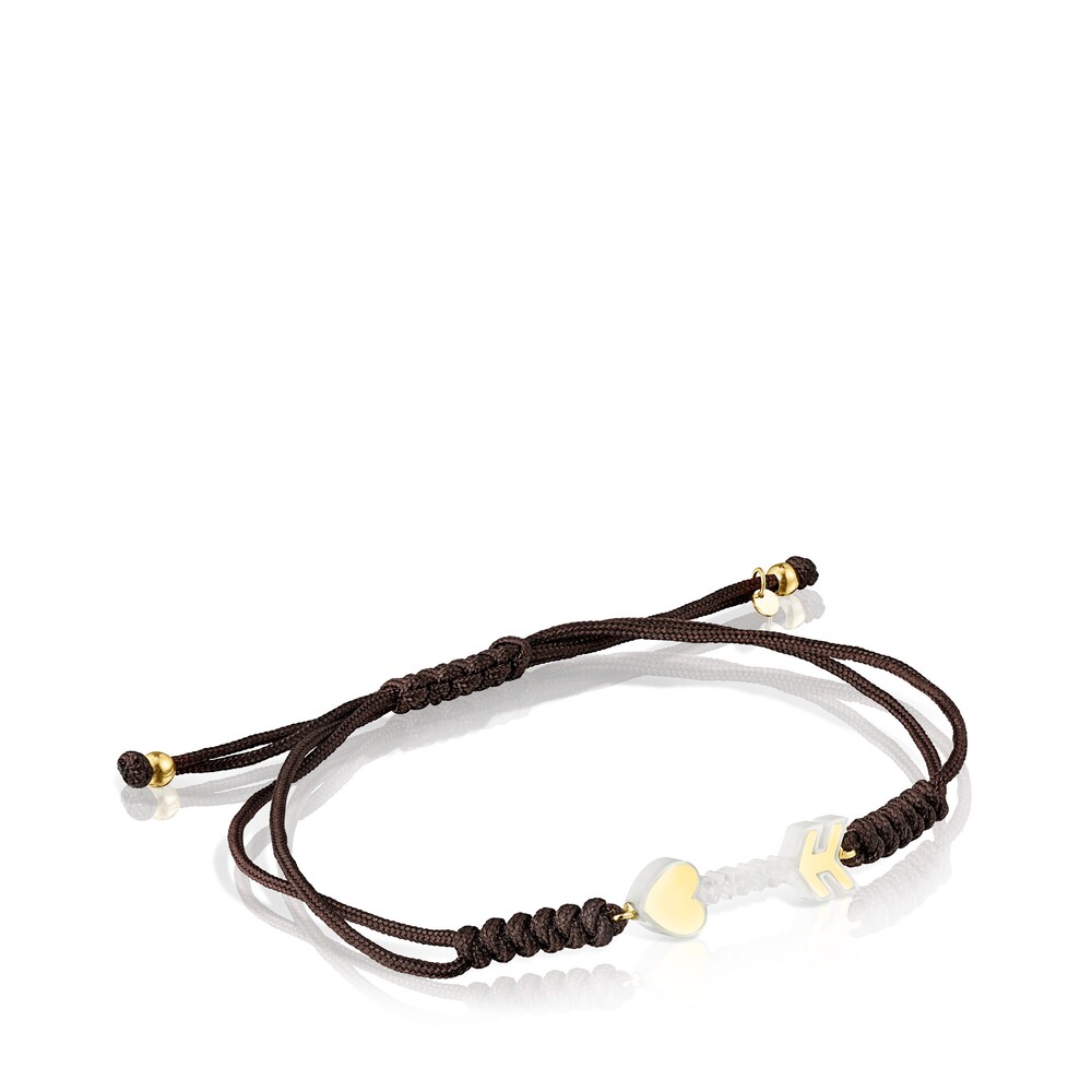 18K Solid Gold San Valent&iacute;n arrow Bracelet with Mother-of-pearl and brown Cord