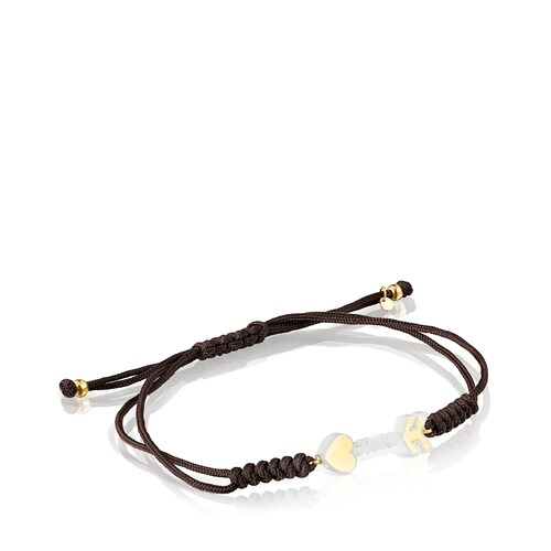 18K Solid Gold San Valent&iacute;n arrow Bracelet with Mother-of-pearl and brown Cord