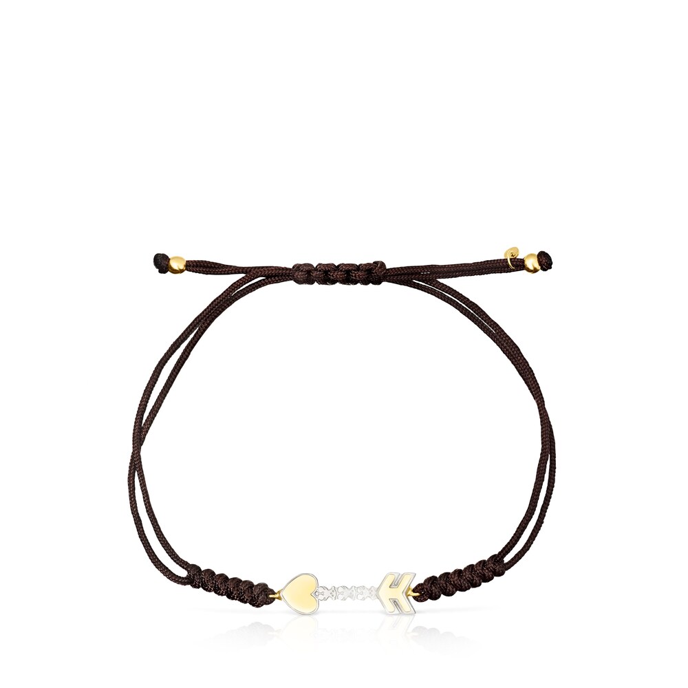 18K Solid Gold San Valent&iacute;n arrow Bracelet with Mother-of-pearl and brown Cord