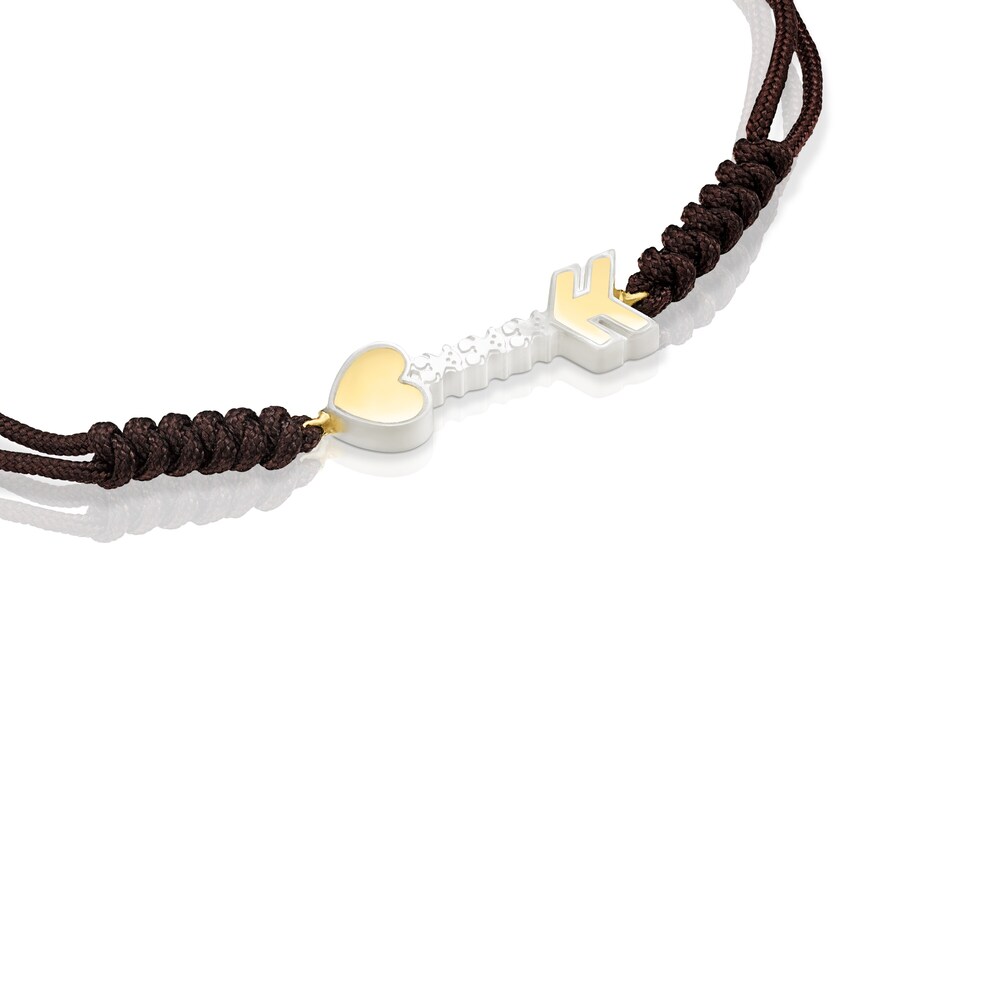 18K Solid Gold San Valent&iacute;n arrow Bracelet with Mother-of-pearl and brown Cord