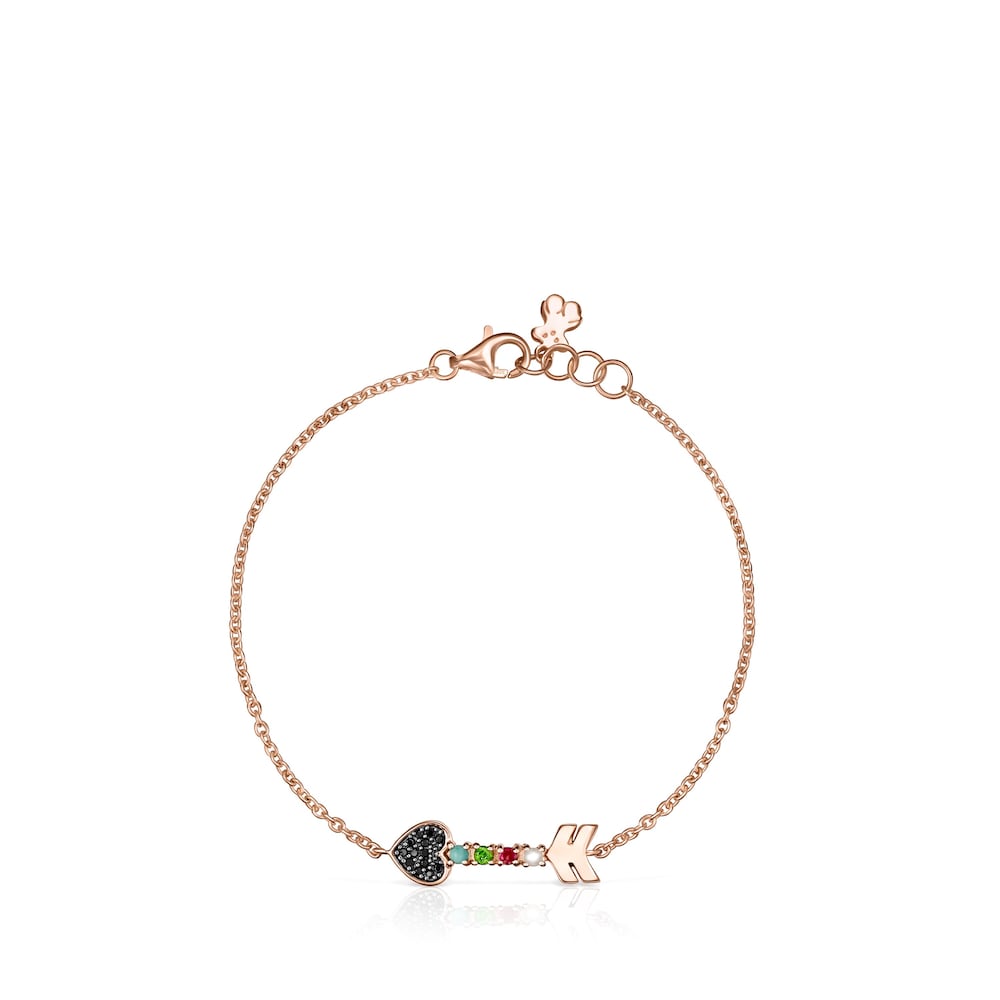Pulsera flecha con ba&ntilde;o de oro rosa 18 kt sobre plata y gemas San Valent&iacute;n